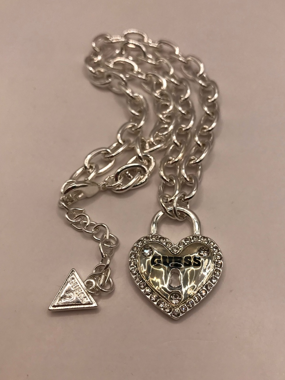 GUESS Silver-Tone Heart Lock Charm Necklace with Rhinestones - Picture 4 of 7